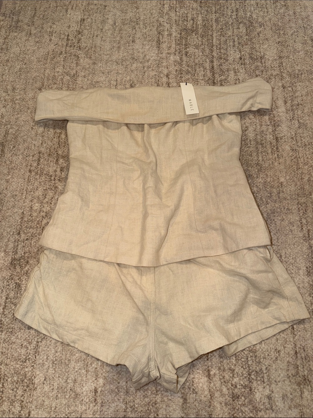 Mable Off-Shoulder Linen Short Set in Light Beige